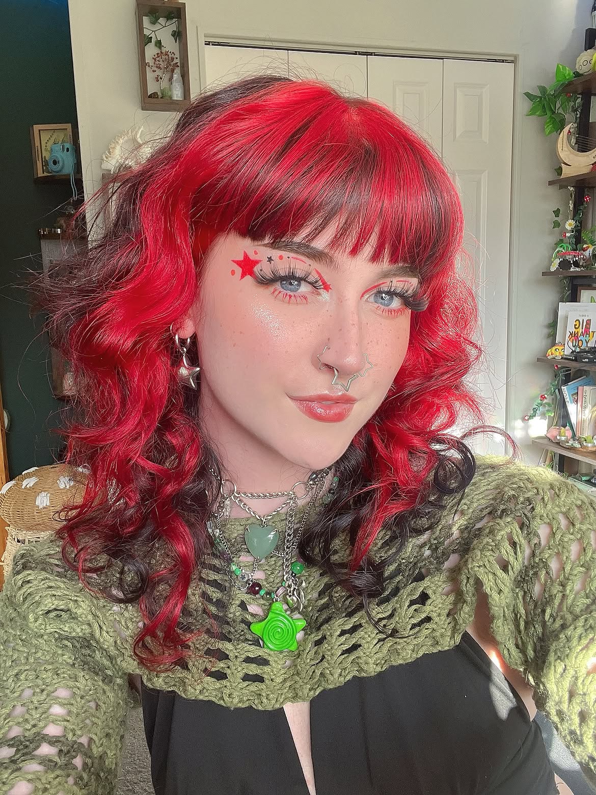 Vibrant Cherry Red Hair With Dark Base Waves