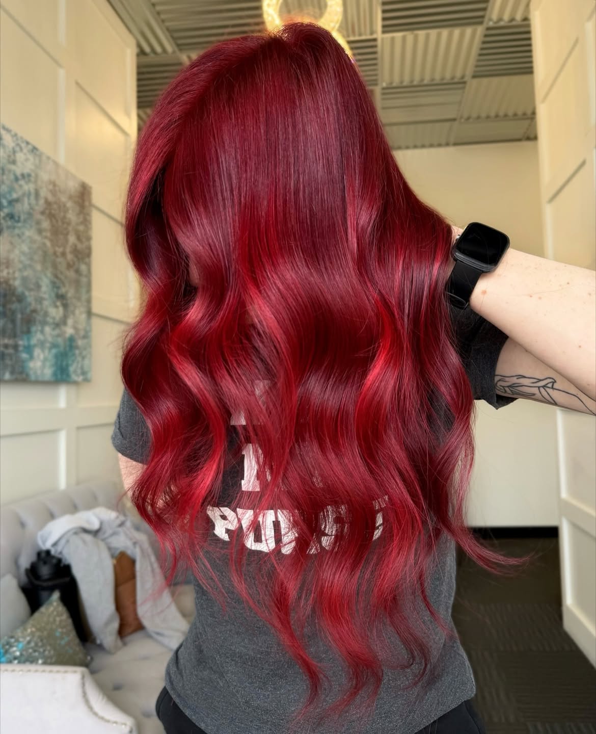 Vibrant Cherry Red Loose Waves Hairstyle