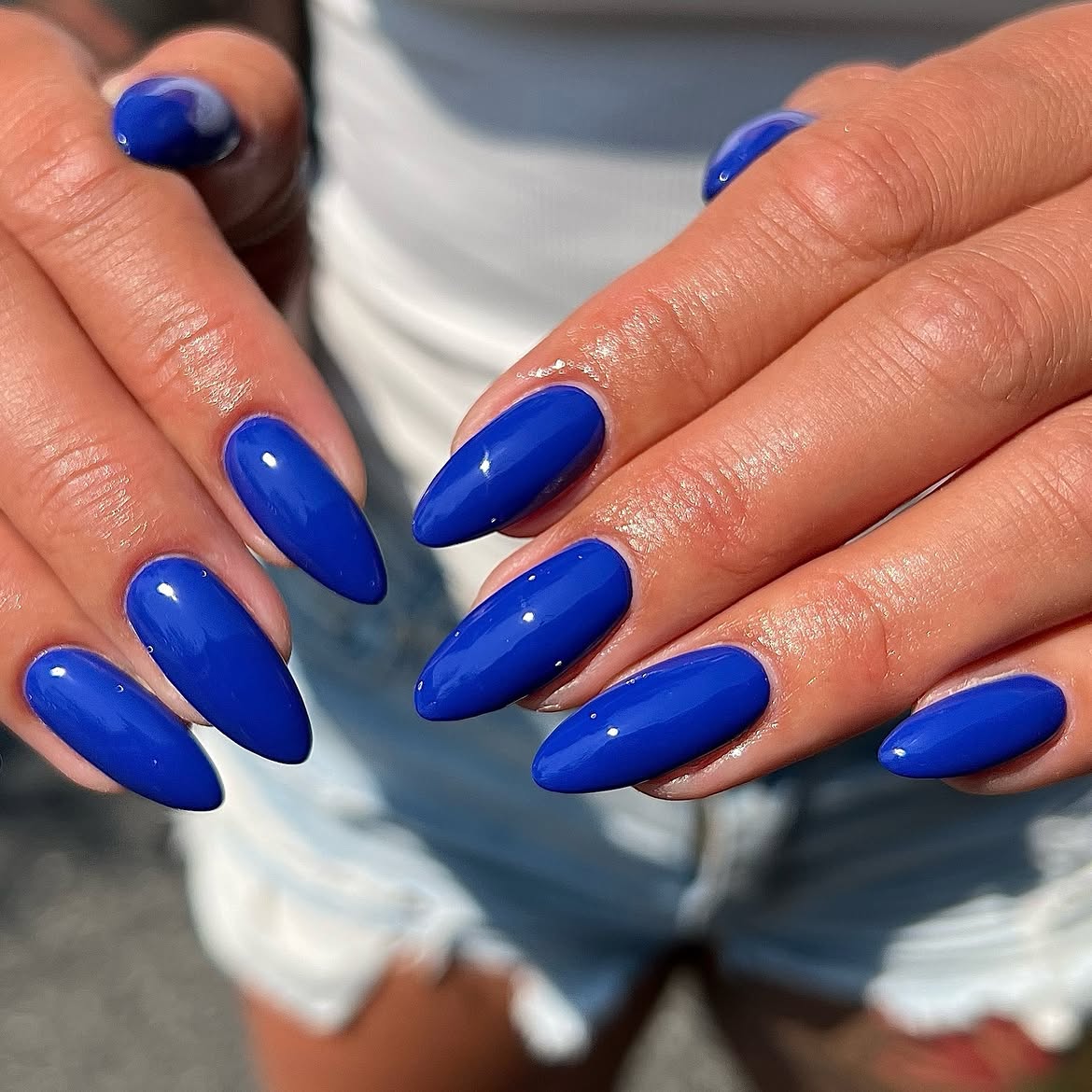 Vibrant Cobalt Blue Glossy Almond Nails