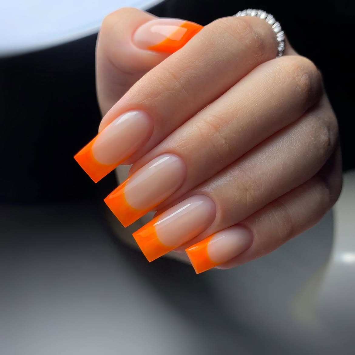 Vibrant Neon Orange French Tip Square Nails