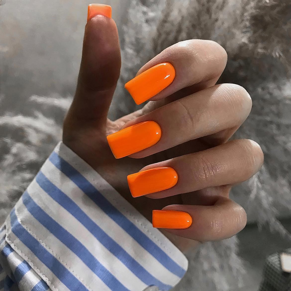 Vibrant Neon Orange Glossy Square Nails