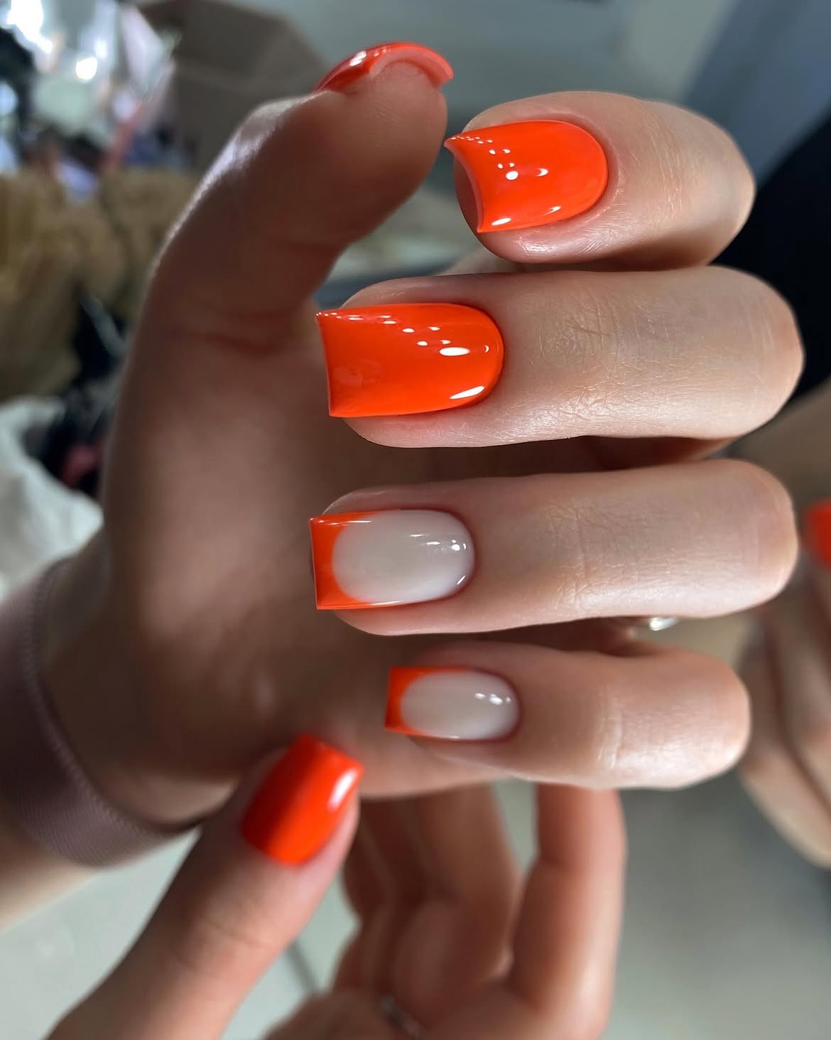 Vibrant Orange Abstract French Tips