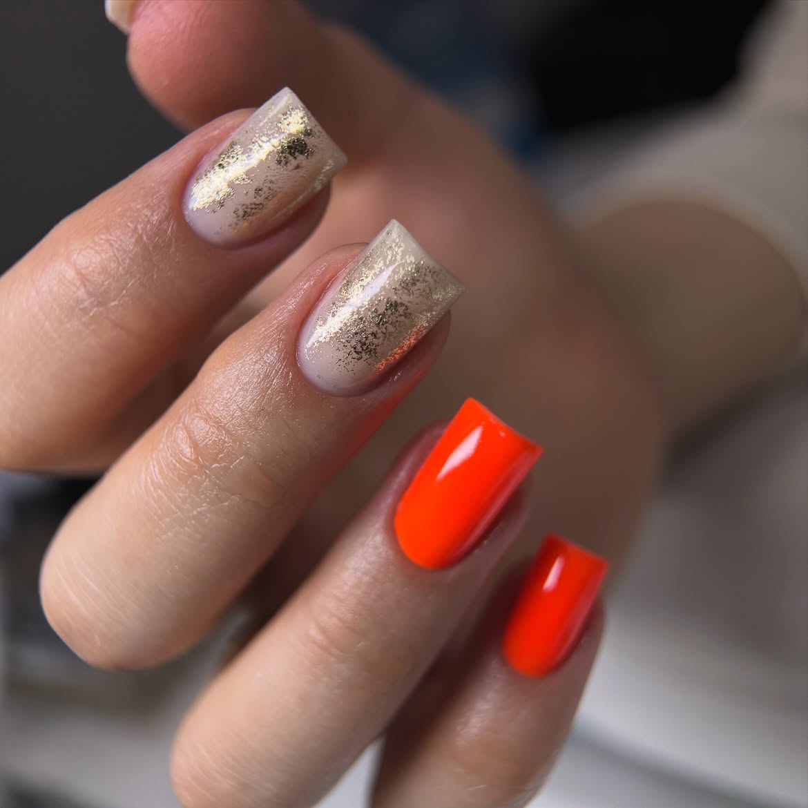 Vibrant Orange and Gold Foil Mismatched Nails