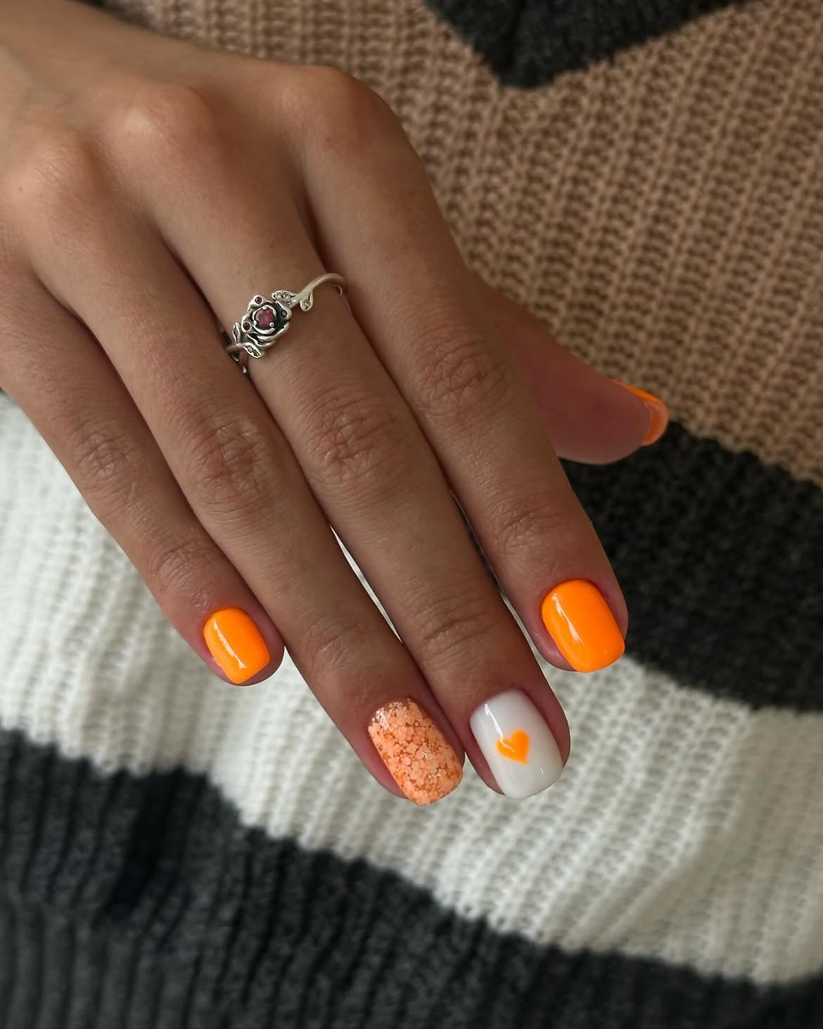 Vibrant Orange Heart Accent Nails