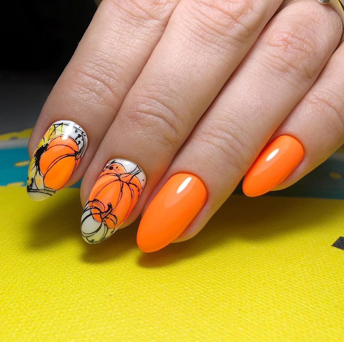 Vibrant Orange Pumpkin Almond Nails