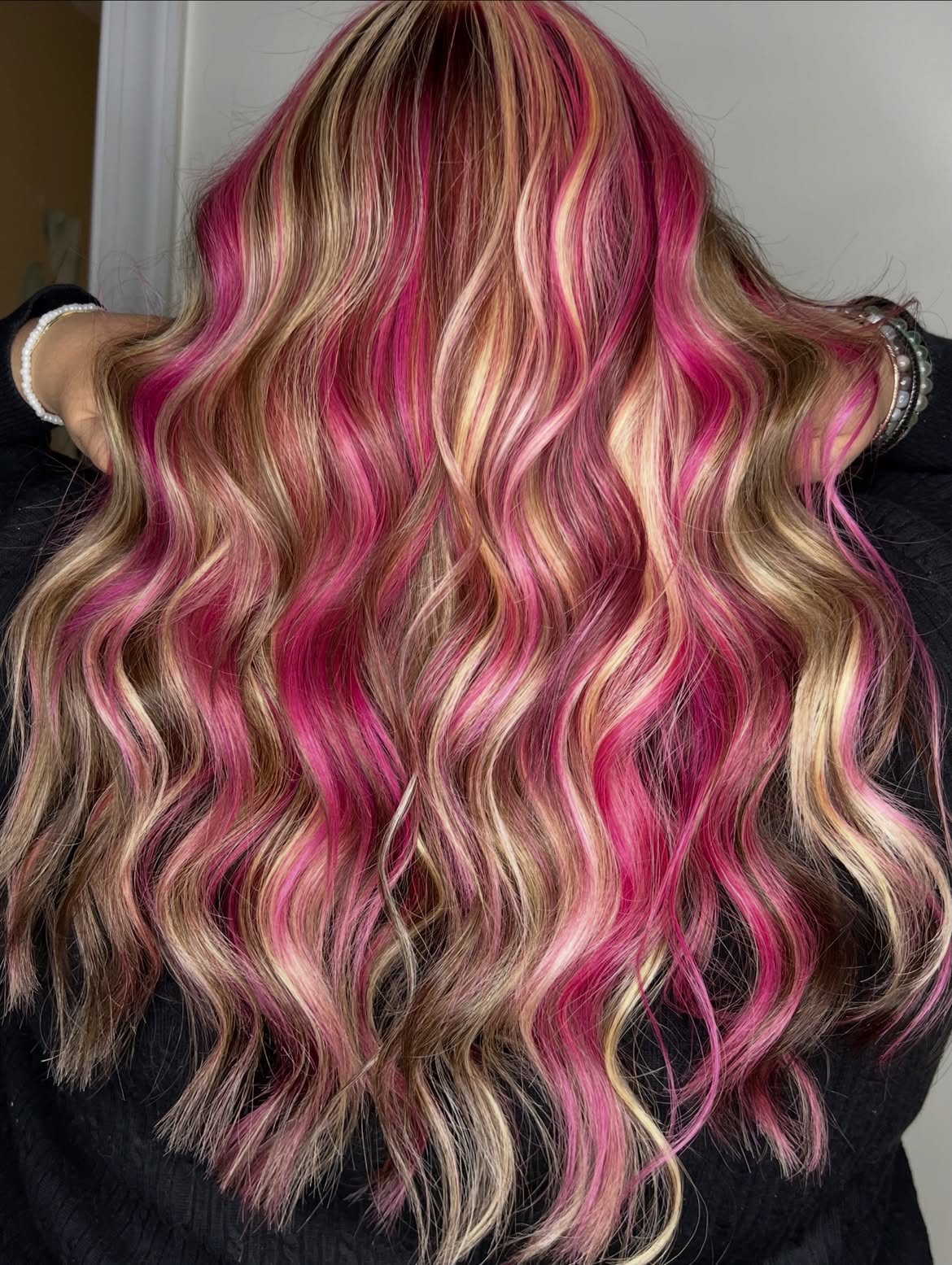 Vibrant Pink And Blonde Calico Balayage Waves