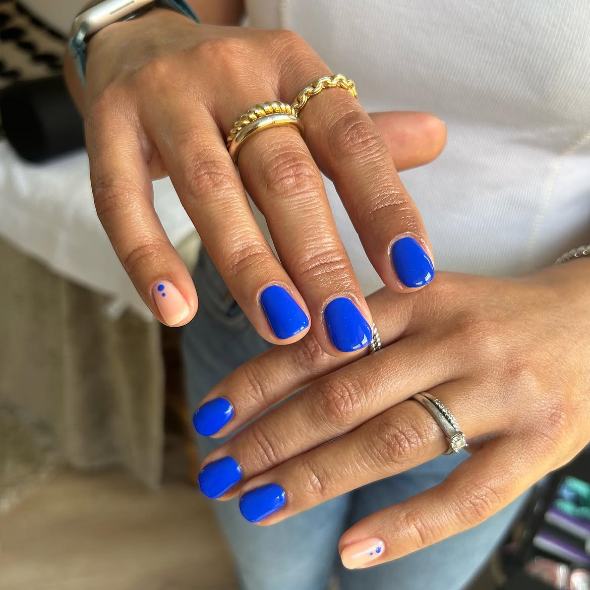 Vivid Blue and Nude Mismatched Dots