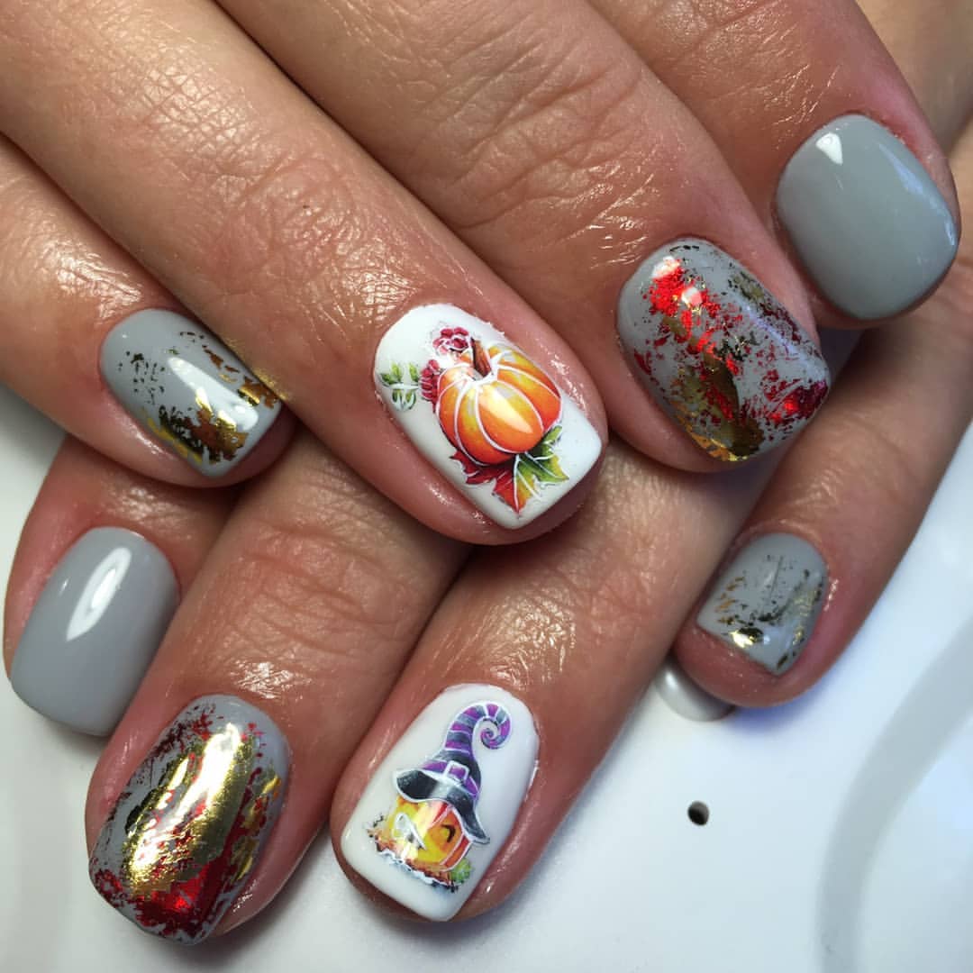 Whimsical Autumn Pumpkin Witch Hat Character Nails