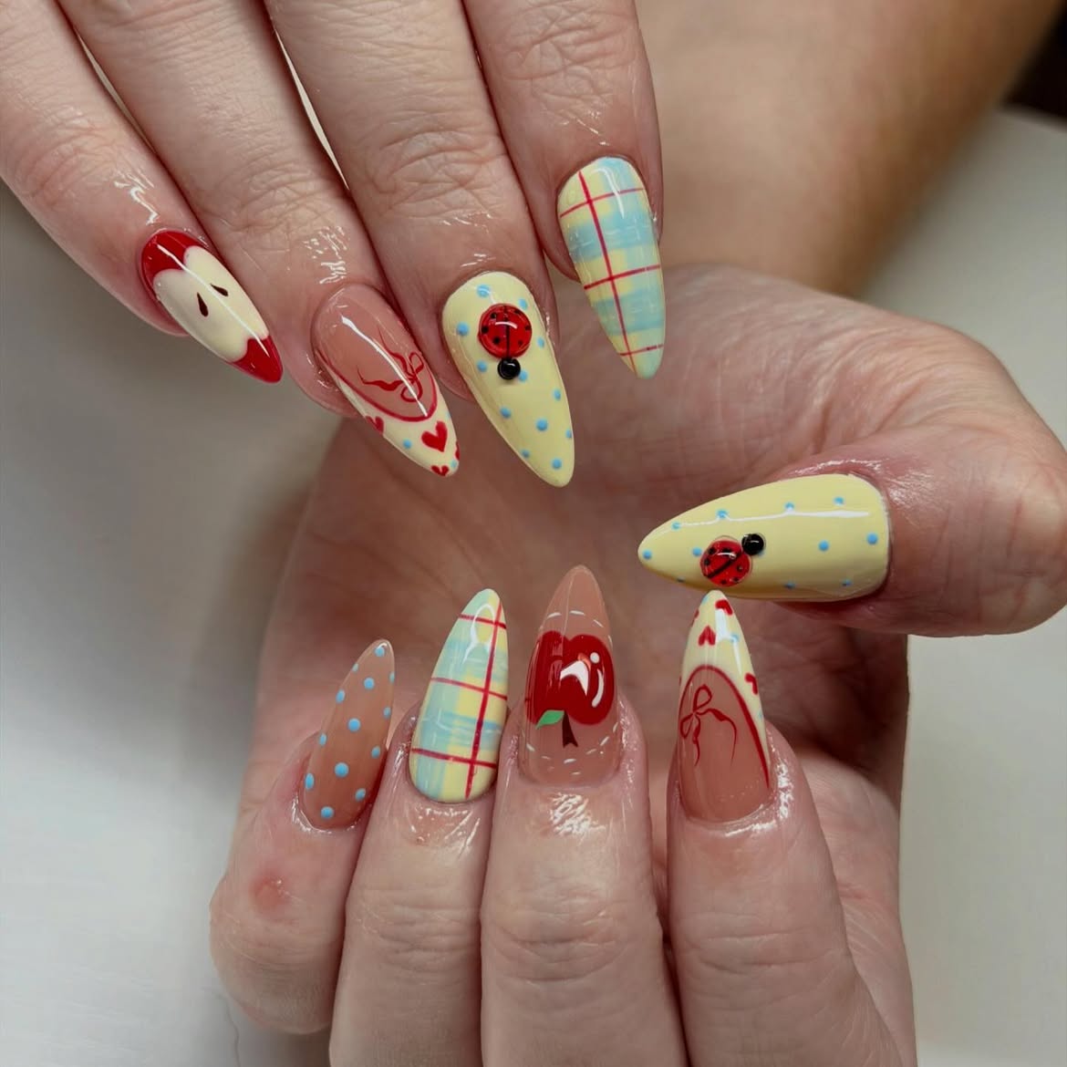 Whimsical Back To School Apple and Ladybug Nails