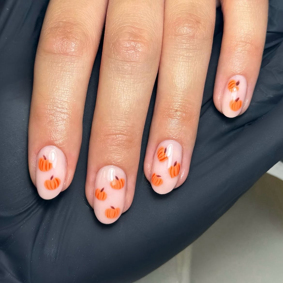 Whimsical Orange Pumpkin Pattern Milky Oval Nails